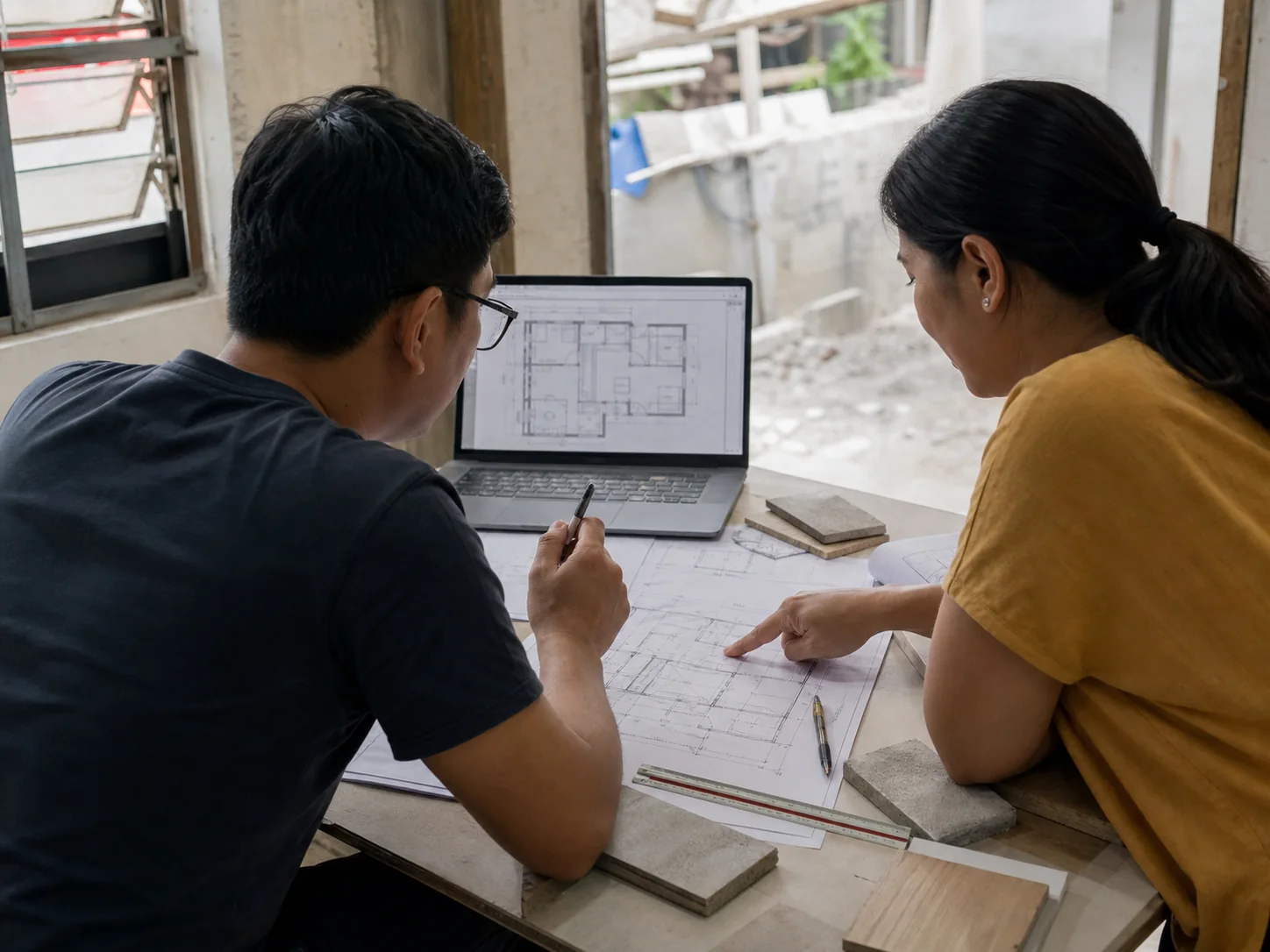 Architect and homeowner reviewing a residential floor plan