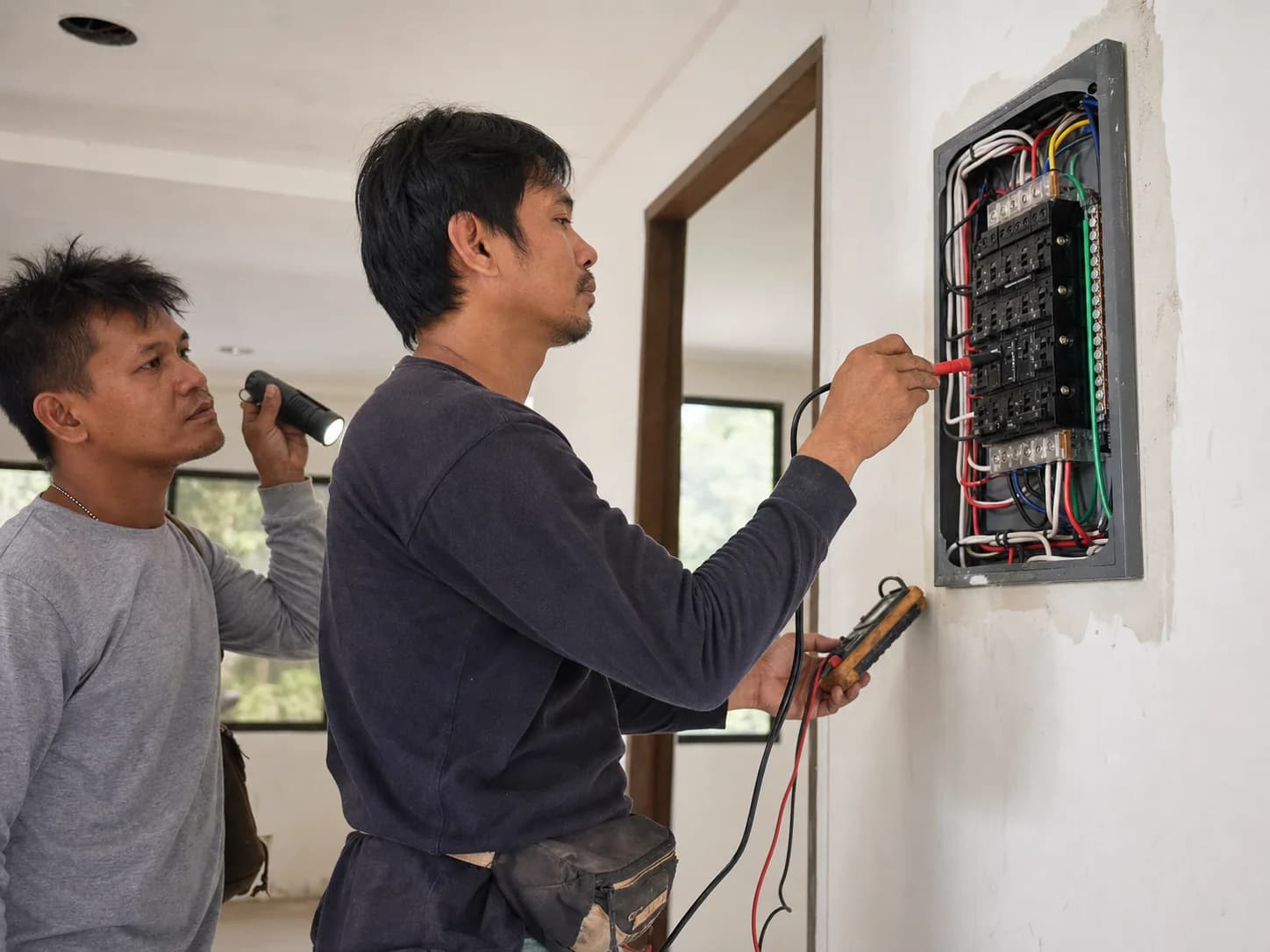 Electricians checking a residential distribution panel