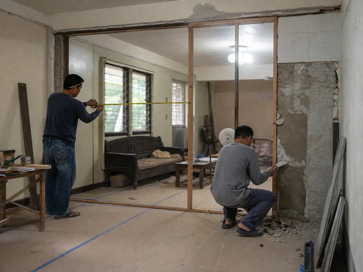 Workers measuring a new opening during a home renovation