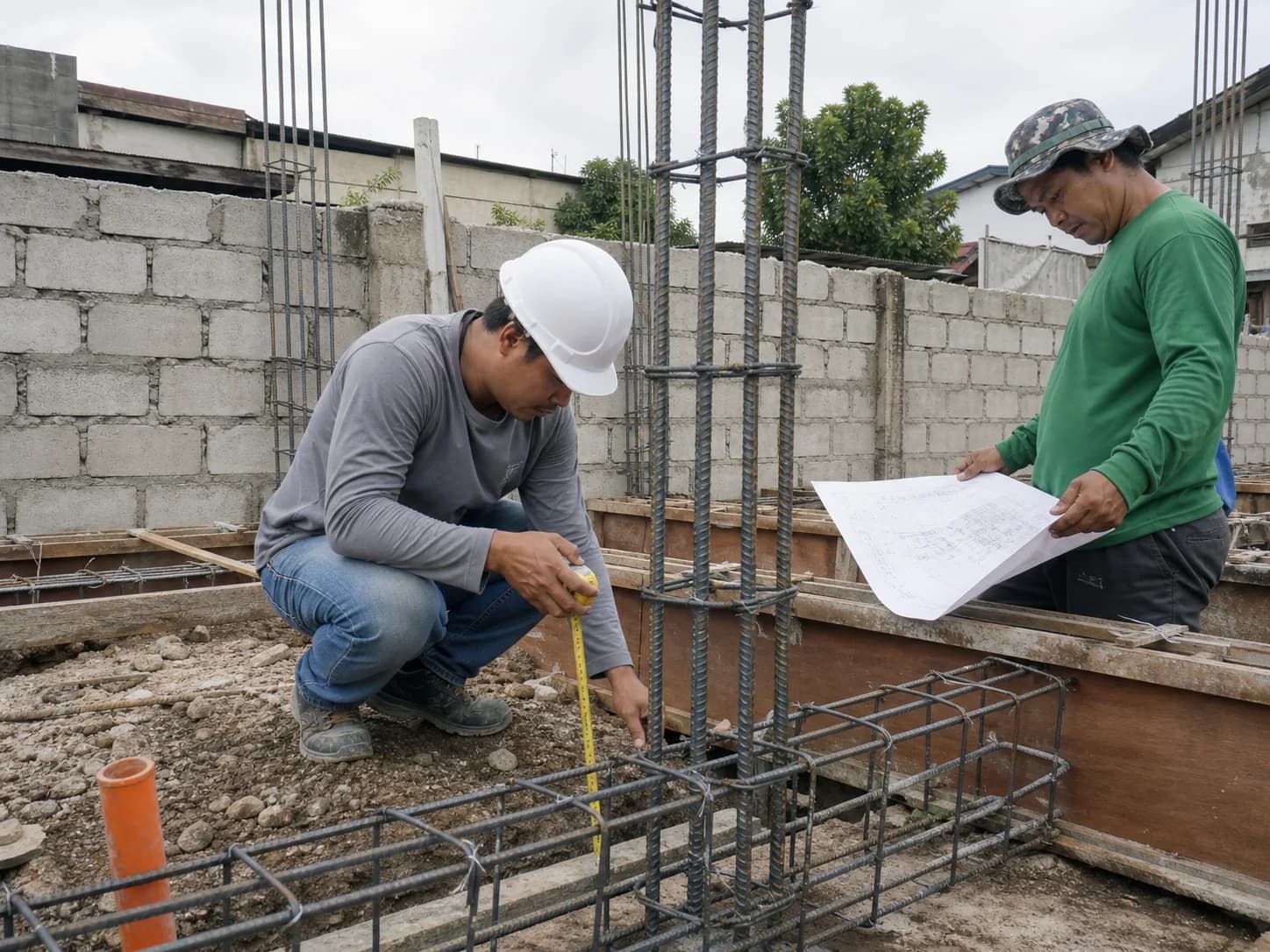 Site engineer checking reinforced concrete column steelwork